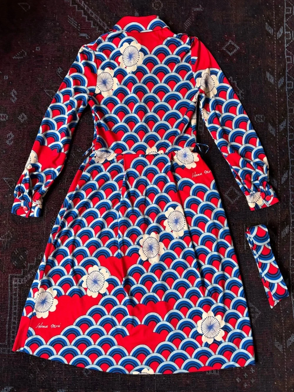RARE Vintage Hanae Mori Midi Shirt Dress | Seigaiha Wave & Floral | Sz 2 Xs S - Picture 2 of 10